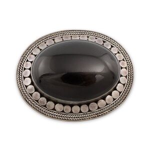 Vintage Sterling Silver Black Glass Brooch Large Oval Cabochon